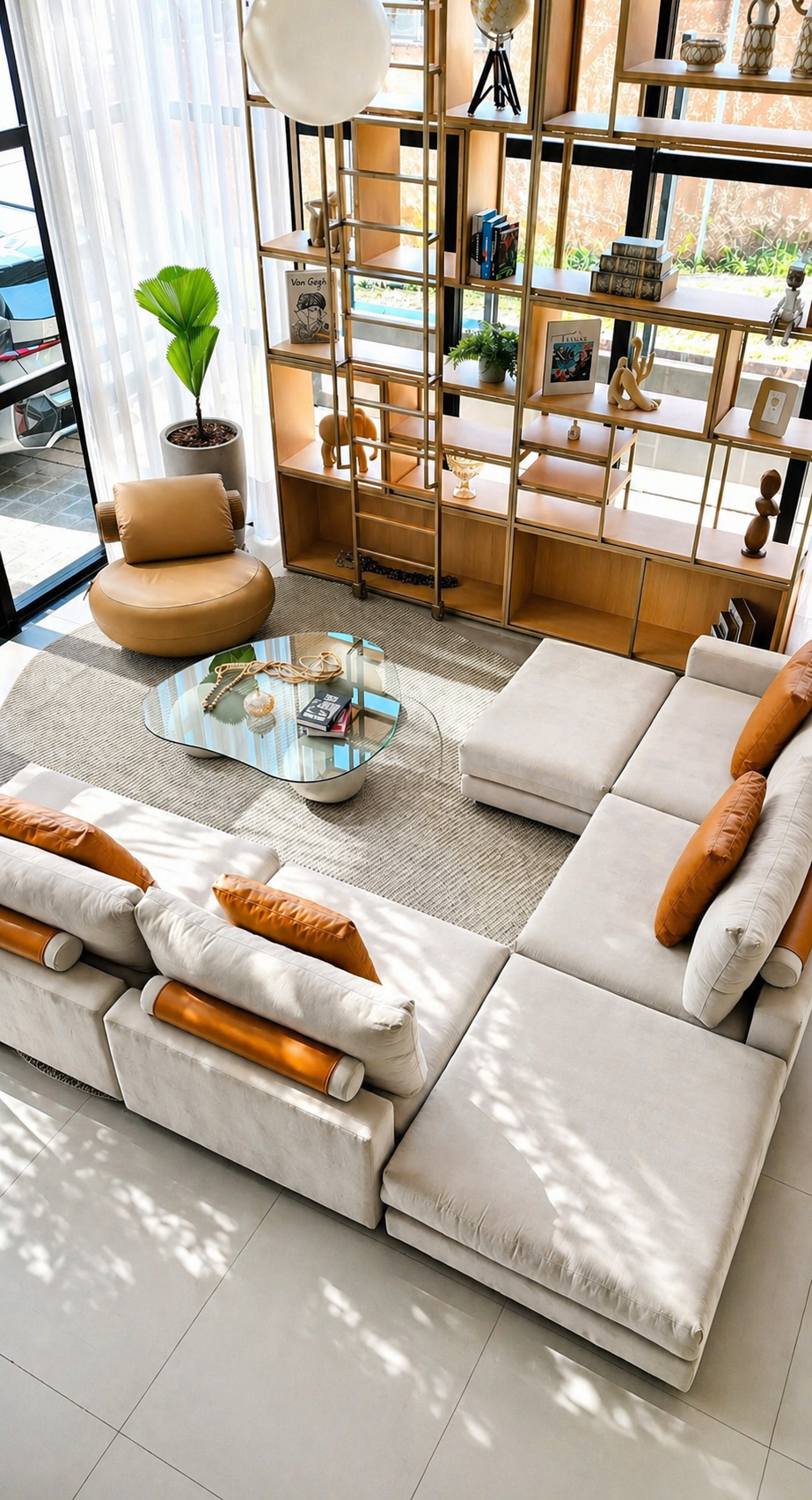 Living completo com estante planejada e mobiliário selecionado